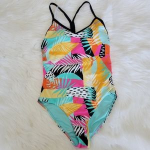 ZXSport Neon Retro Floral Print One Piece Swimsuit S EUC Criss-Cross Back